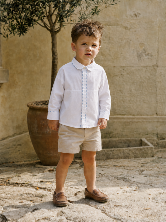 Cannes White Organic Cotton Shirt for Kids | Lace-Trim Toddler Shirt