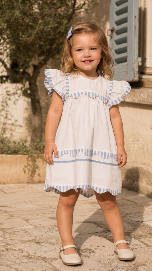 Santorini White Organic Cotton Dress for Girls | Flutter-Sleeve Summer Dress