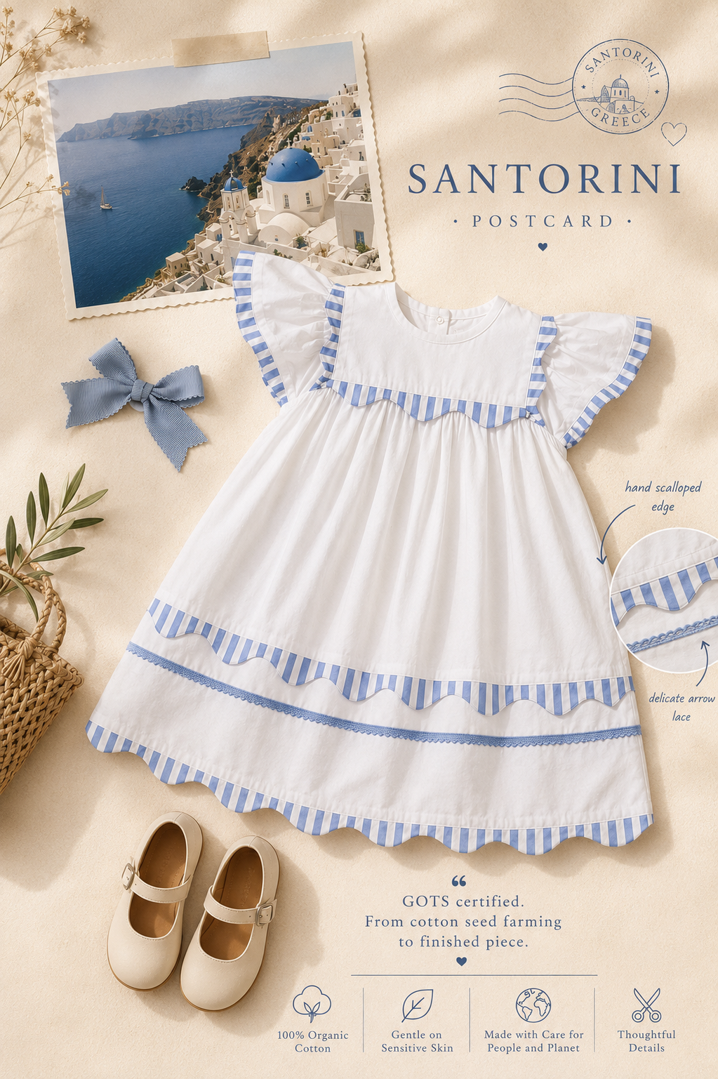 Santorini White Organic Cotton Dress for Girls | Flutter-Sleeve Summer Dress