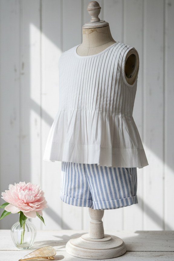 Vienna organic cotton pleated girls blouse close-up of pleated front and button placket