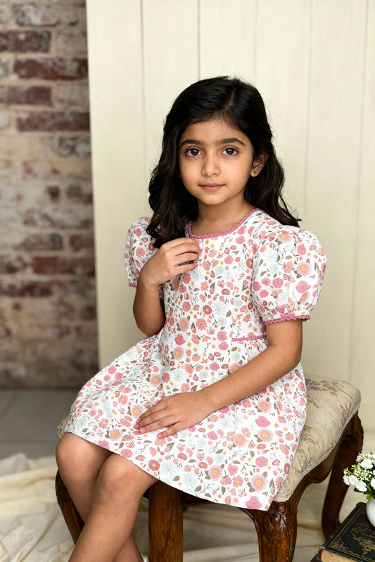 14. Bordeaux Dress | Organic Cotton–Linen Floral Puff-Sleeve Dress