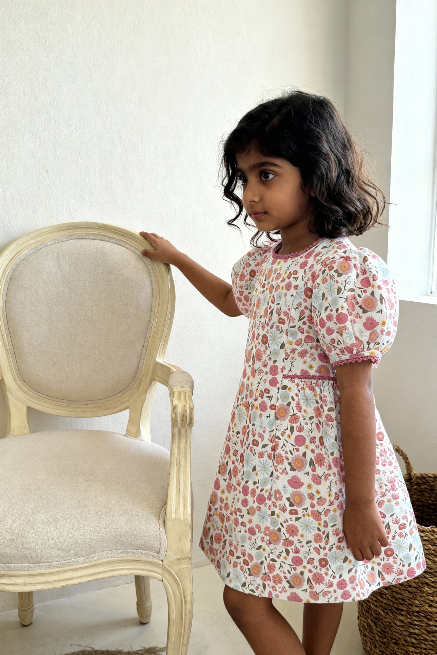 14. Bordeaux Dress | Organic Cotton–Linen Floral Puff-Sleeve Dress