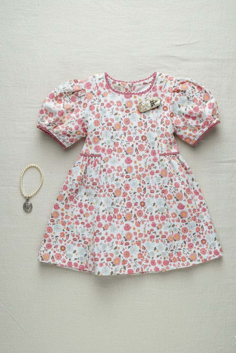 14. Bordeaux Dress | Organic Cotton–Linen Floral Puff-Sleeve Dress