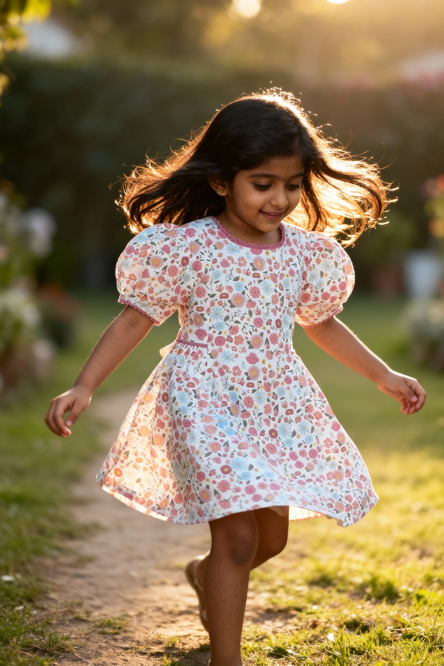 14. Bordeaux Dress | Organic Cotton–Linen Floral Puff-Sleeve Dress