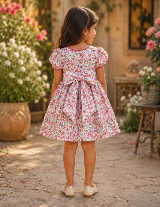 The Riviera Rose Dress | Organic Cotton–Linen Floral Puff-Sleeve Dress
