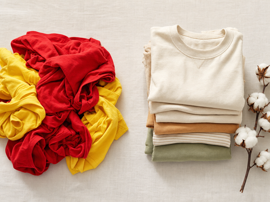 A messy pile of bright red and yellow fast-fashion toddler t-shirts next to a neat folded stack of earthy-tone organic cotton kids clothes with cotton bolls, illustrating unsafe versus safe kids clothing