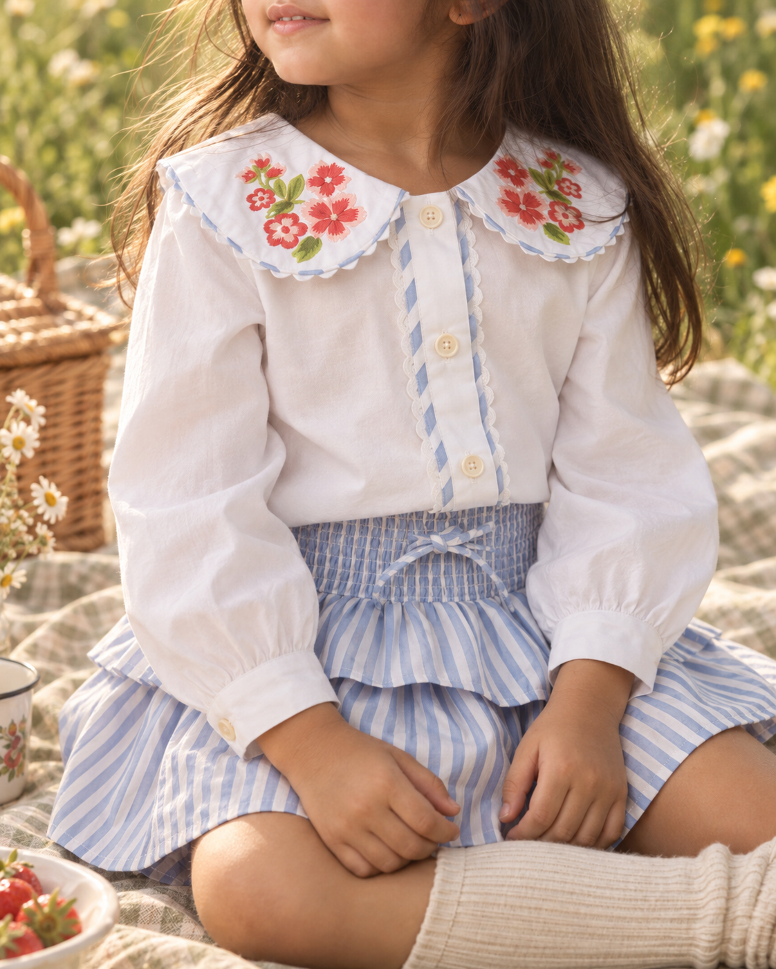 Sunday Picnic Organic Cotton Co-ord Set for Girls | Floral Blouse & Striped Skort