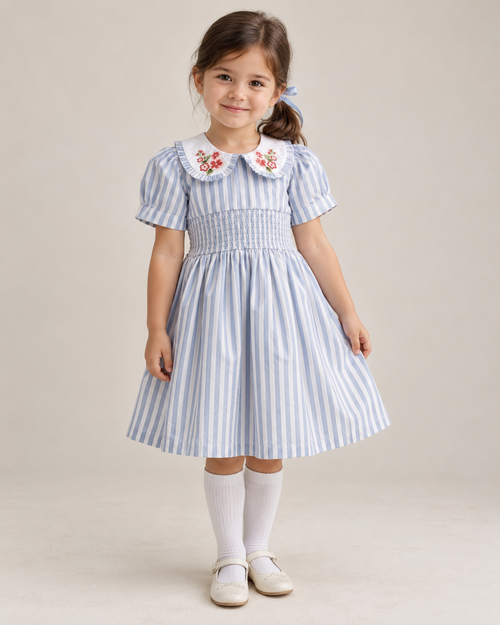 Vestido Portofino de algodón orgánico a rayas para niñas | Vestido de verano fruncido