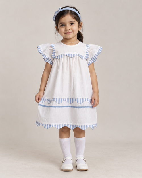 Vestido de algodón orgánico blanco Santorini para niñas | Vestido de verano con mangas con volantes