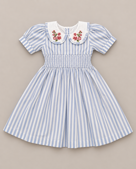 Vestido Portofino de algodón orgánico a rayas para niñas | Vestido de verano fruncido