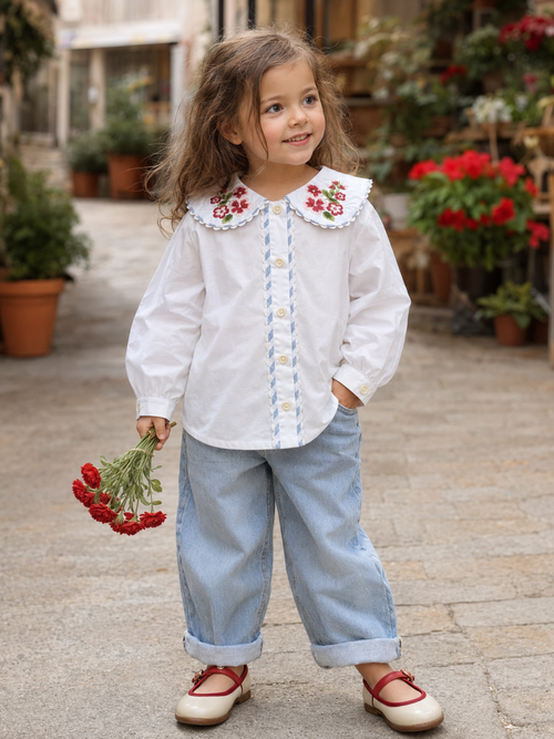 Blusa Capri de algodón orgánico floral para niñas | Top de manga abullonada para niñas pequeñas