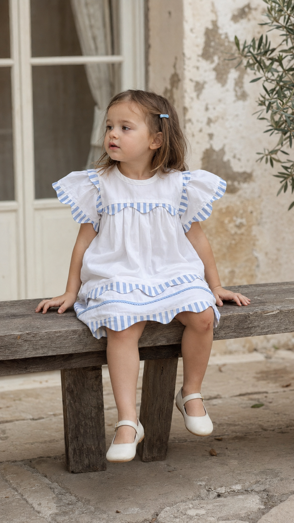 Santorini White Organic Cotton Dress for Girls | Flutter-Sleeve Summer Dress