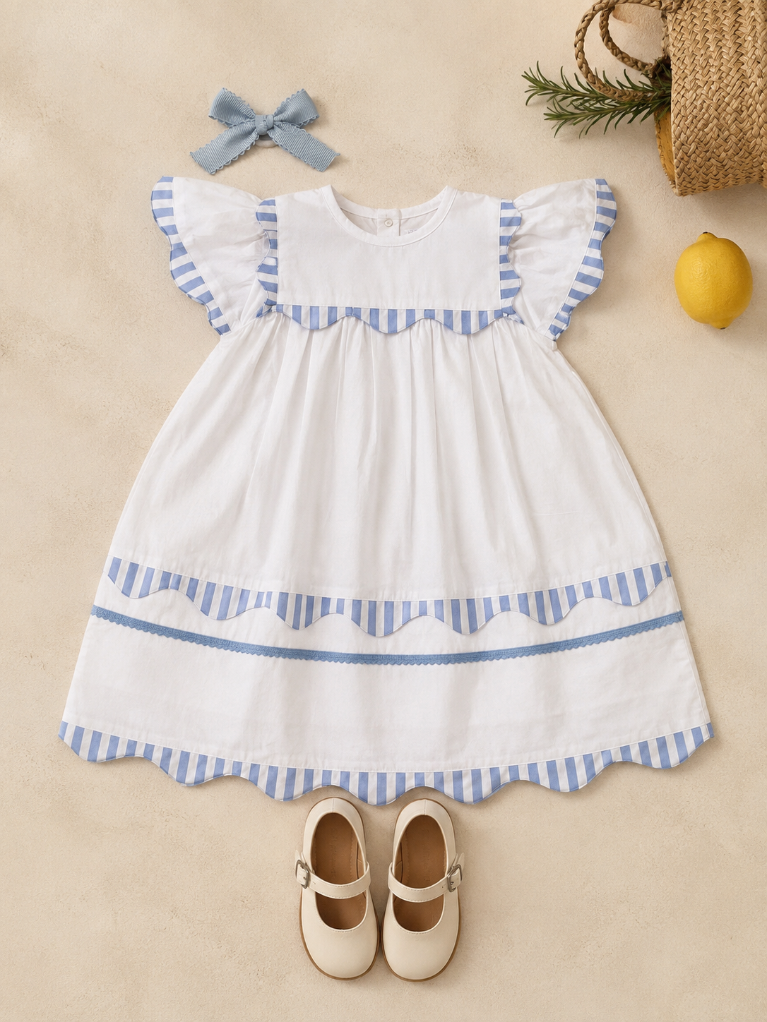 Santorini White Organic Cotton Dress for Girls | Flutter-Sleeve Summer Dress
