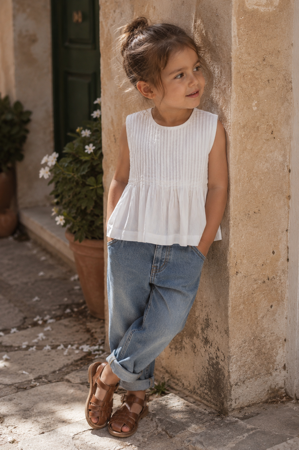 Vienna Pleated Organic Cotton Blouse for Girls | Sleeveless Toddler Top