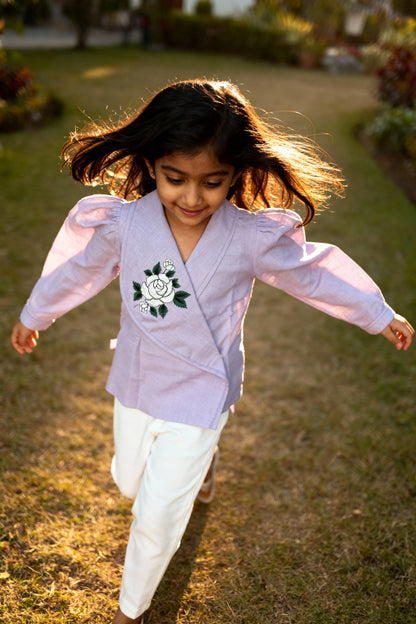 9. Osaka Blazer Blouse | Rose-Embroidered Organic Cotton–Linen