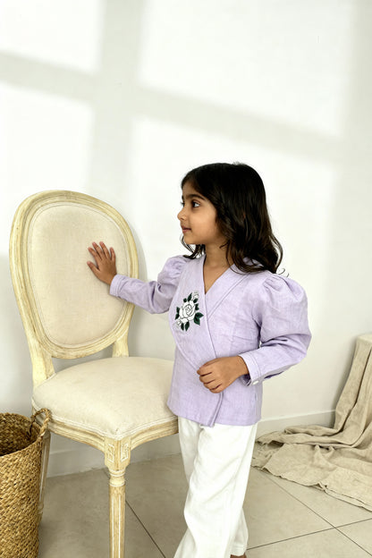 9. Osaka Blazer Blouse | Rose-Embroidered Organic Cotton–Linen