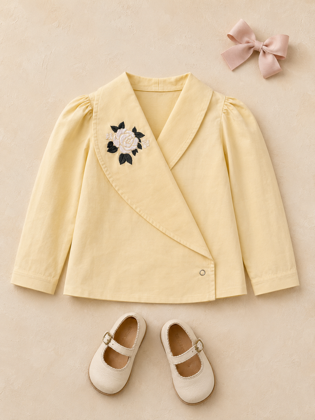 Osaka Rose-Embroidered Organic Cotton Blazer Blouse for Girls