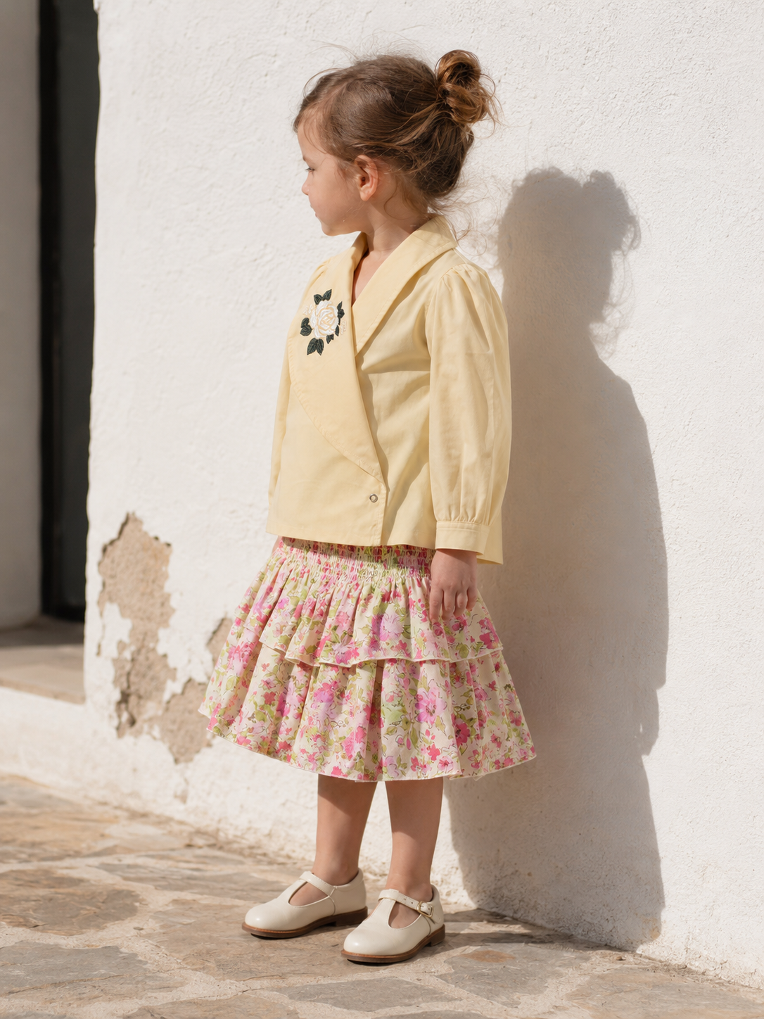 Osaka Rose-Embroidered Organic Cotton Blazer Blouse for Girls