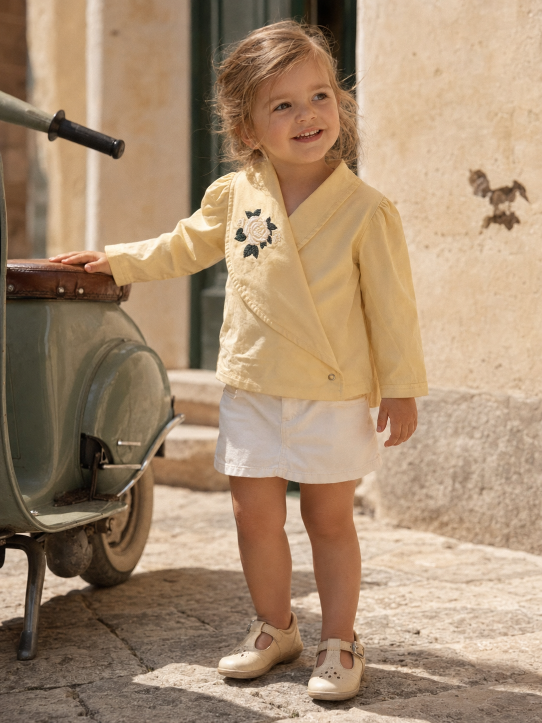 Osaka Rose-Embroidered Organic Cotton Blazer Blouse for Girls