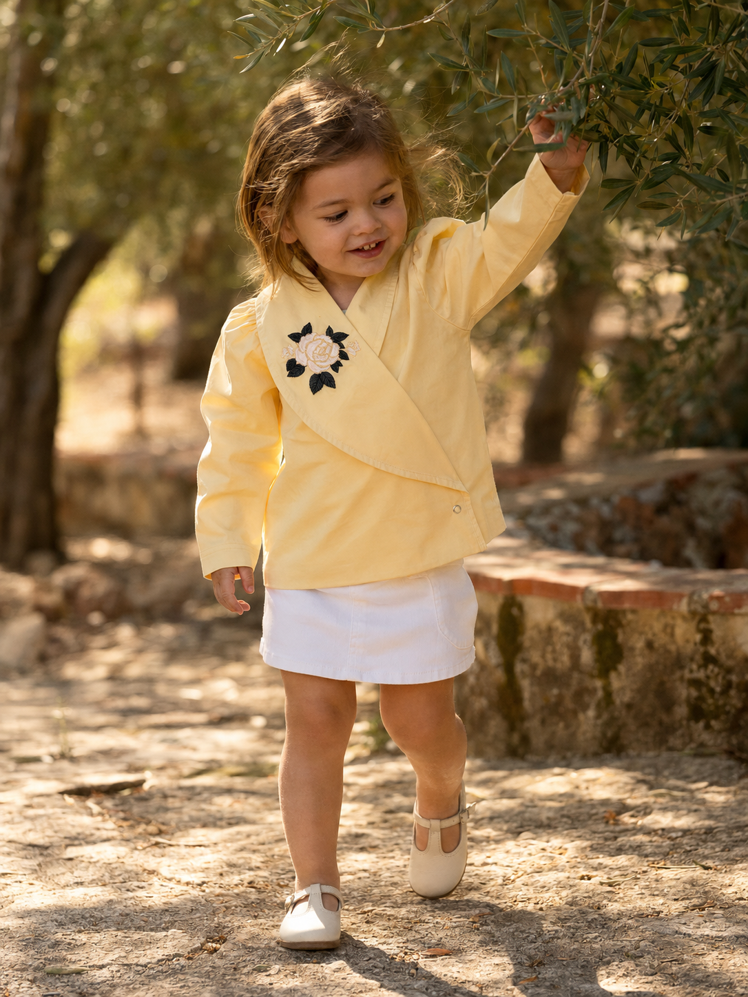 Osaka Rose-Embroidered Organic Cotton Blazer Blouse for Girls