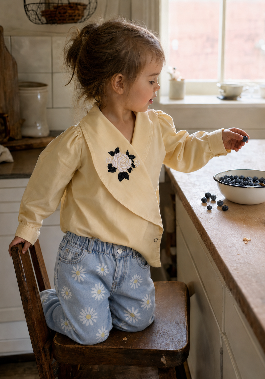 Osaka Rose-Embroidered Organic Cotton Blazer Blouse for Girls