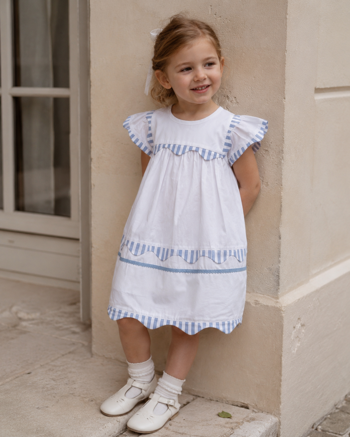 Santorini White Organic Cotton Dress for Girls | Flutter-Sleeve Summer Dress