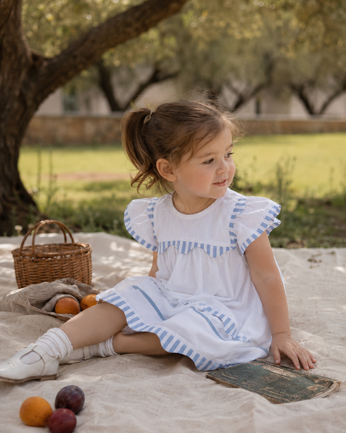 Santorini White Organic Cotton Dress for Girls | Flutter-Sleeve Summer Dress