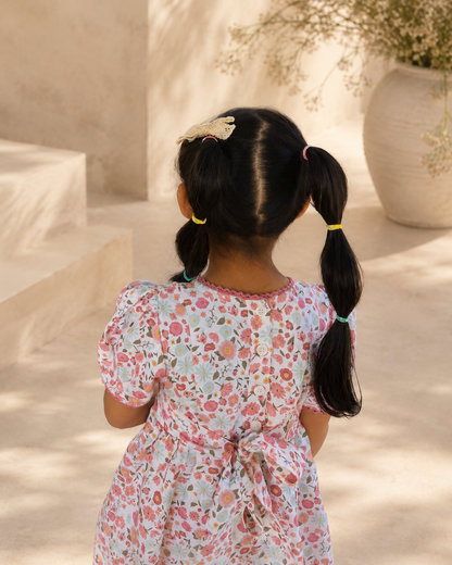 The Riviera Rose Dress | Organic Cotton–Linen Floral Puff-Sleeve Dress