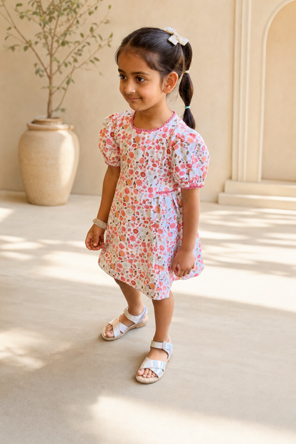 The Riviera Rose Dress | Organic Cotton–Linen Floral Puff-Sleeve Dress