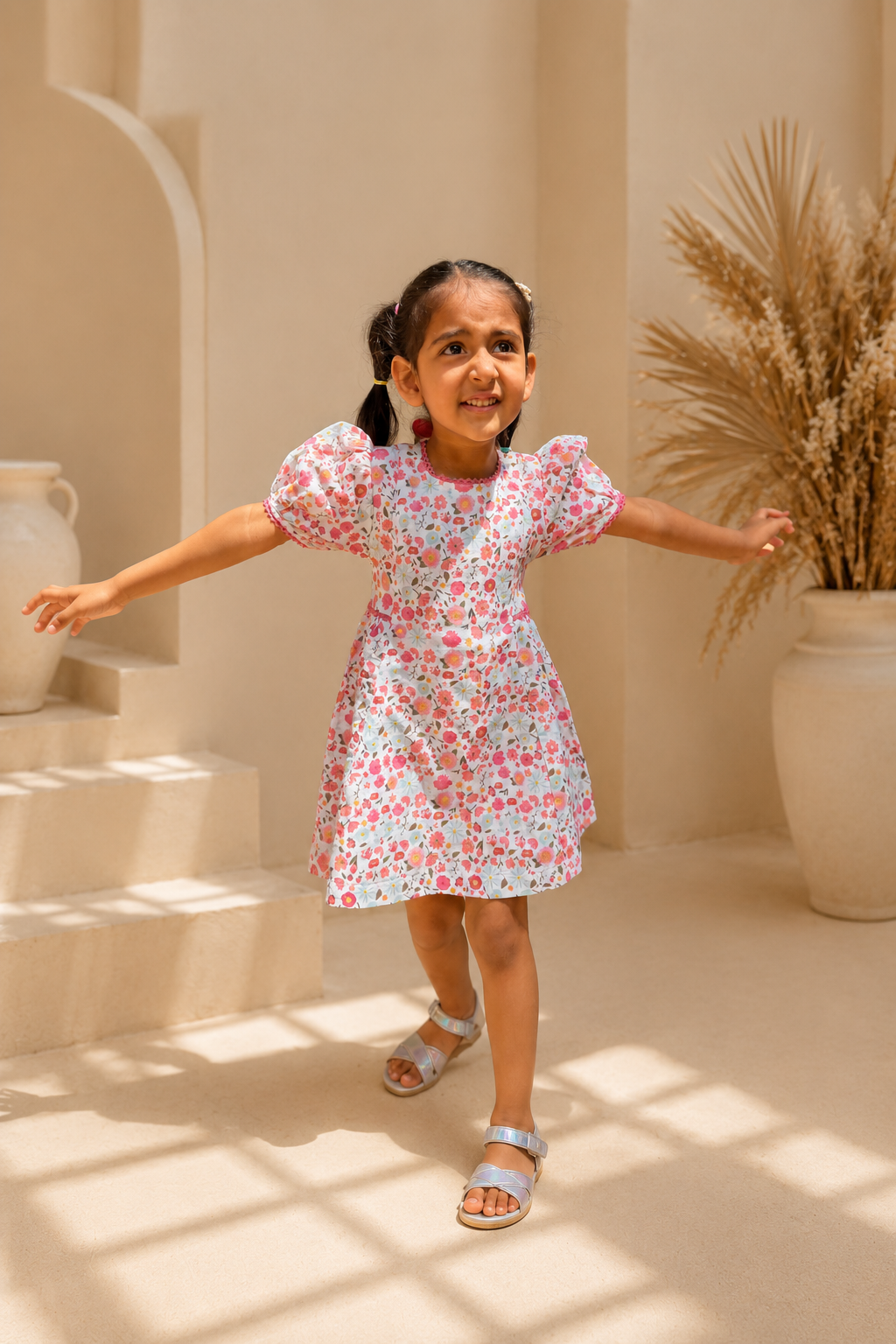 The Riviera Rose Dress | Organic Cotton–Linen Floral Puff-Sleeve Dress