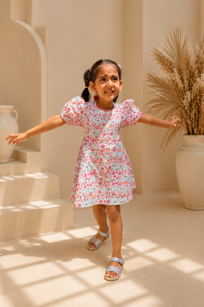 The Riviera Rose Dress | Organic Cotton–Linen Floral Puff-Sleeve Dress