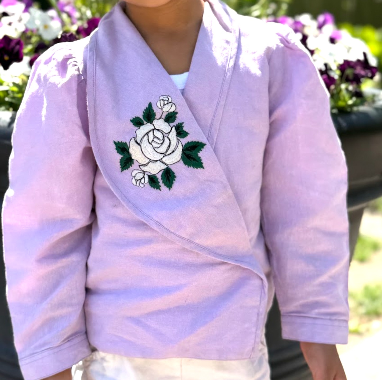 Osaka Blazer Blouse | Rose-Embroidered Organic Cotton–Linen