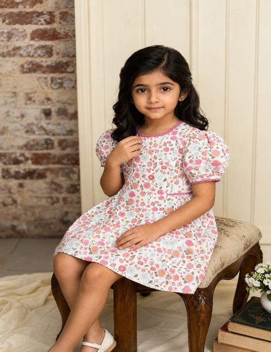 The Riviera Rose Dress | Organic Cotton–Linen Floral Puff-Sleeve Dress