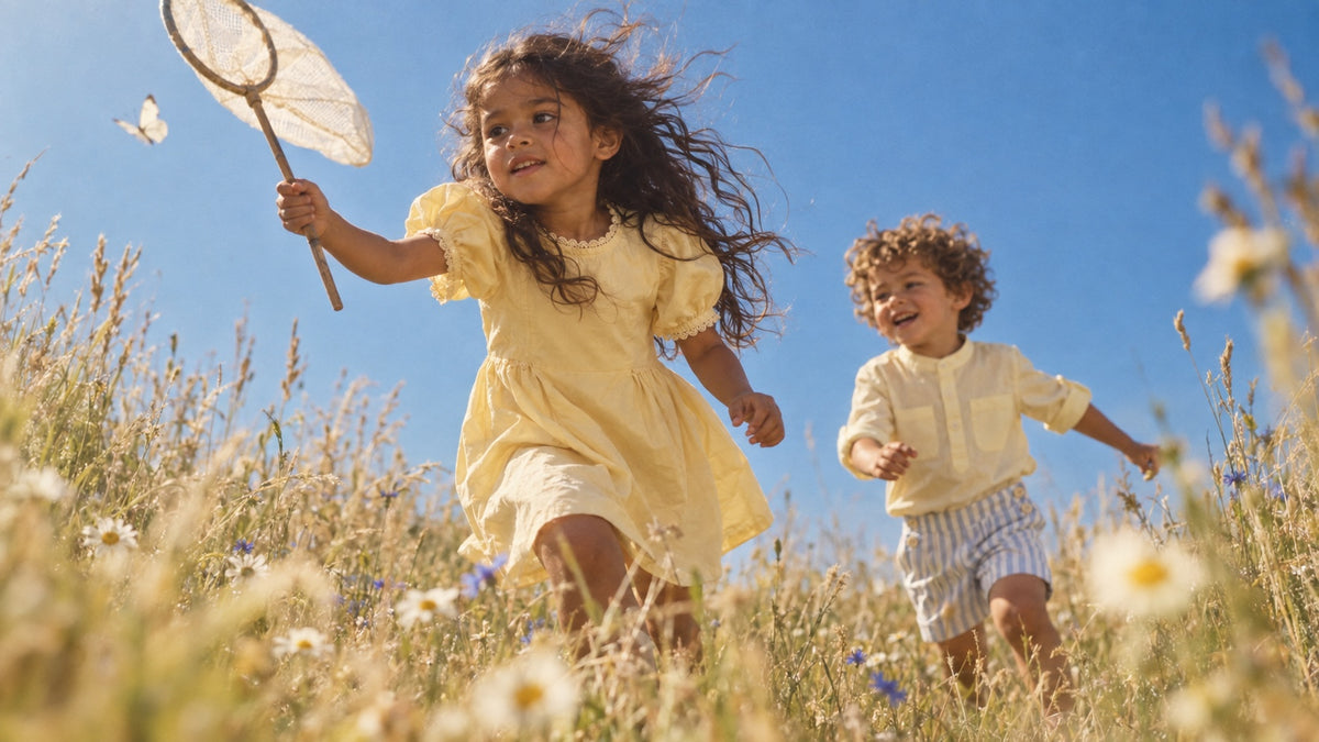 Two children in yellow organic cotton running through a summer wildflower meadow