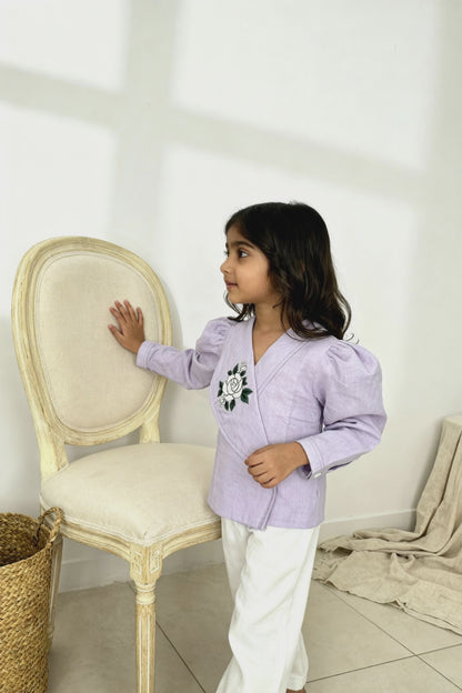 9. Osaka Blazer Blouse | Rose-Embroidered Organic Cotton–Linen