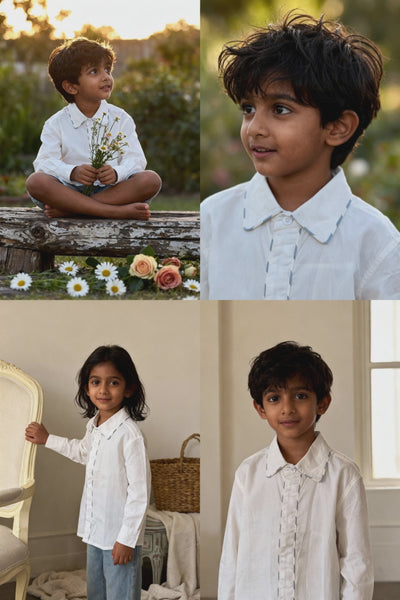 Cannes organic cotton boys shirt video showing lace-trimmed placket and fabric drape