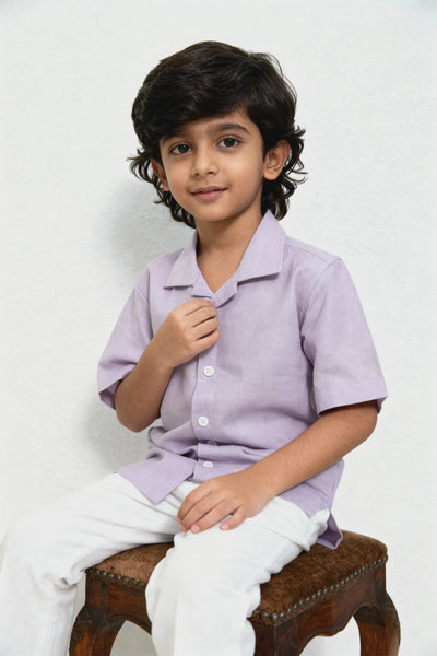 Milan organic cotton-linen boys shirt video showing lilac fabric drape and fit